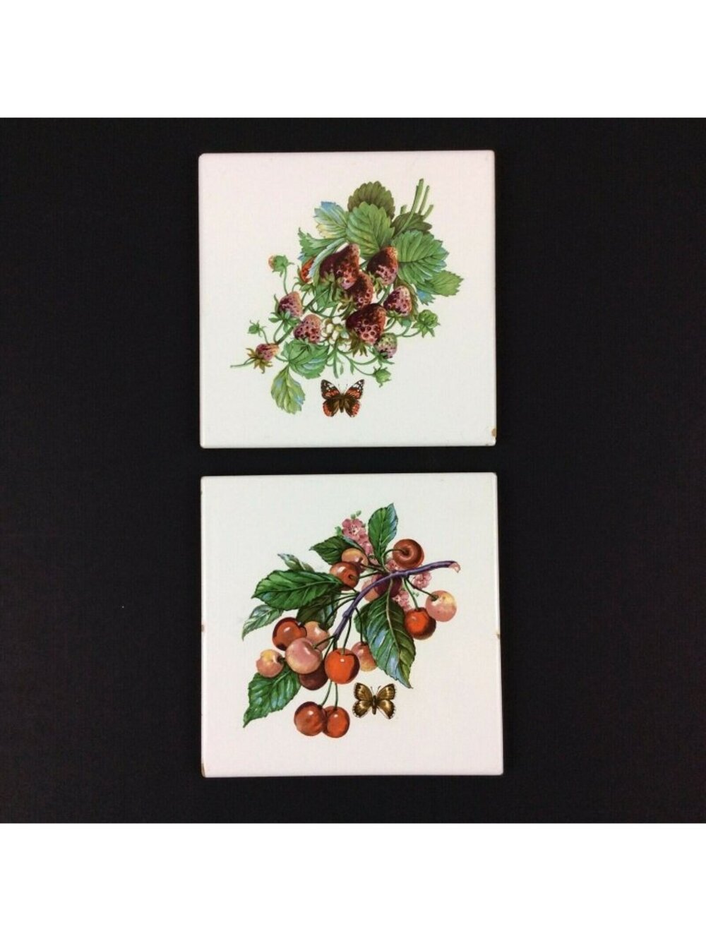 Decorative Ceramic Tiles Set Of 2 Berries Butterflies Design Imola Coop Italy
